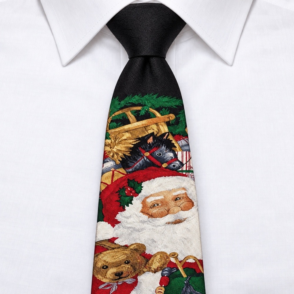 Vintage Hallmark Christmas Tie 100% Silk Santa Teddy Bear Horse Holiday 4" Wide